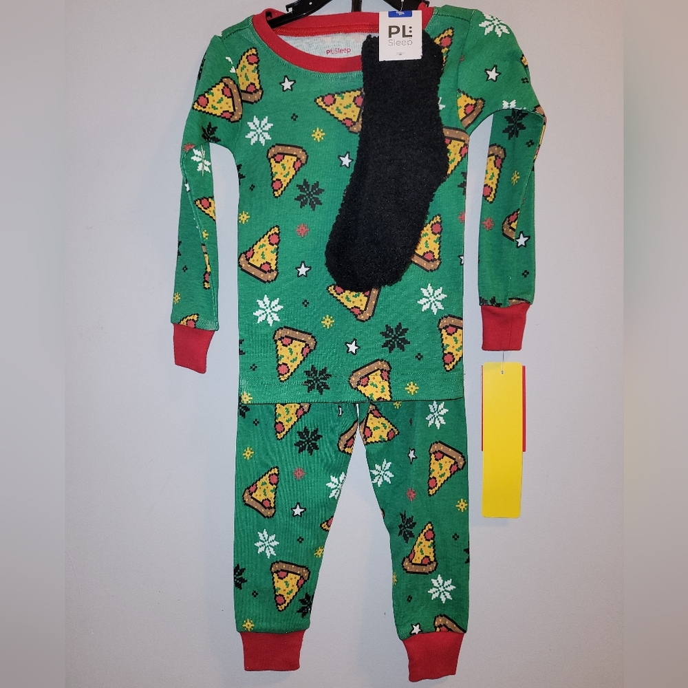 🆕️ PL Sleep 4 Pc Pizza Snowflake Print Pajamas Sleepwear PJs + Fuzzy Socks 🍕